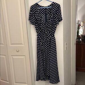 Blue and White Wrap Tie Front Midi Dress